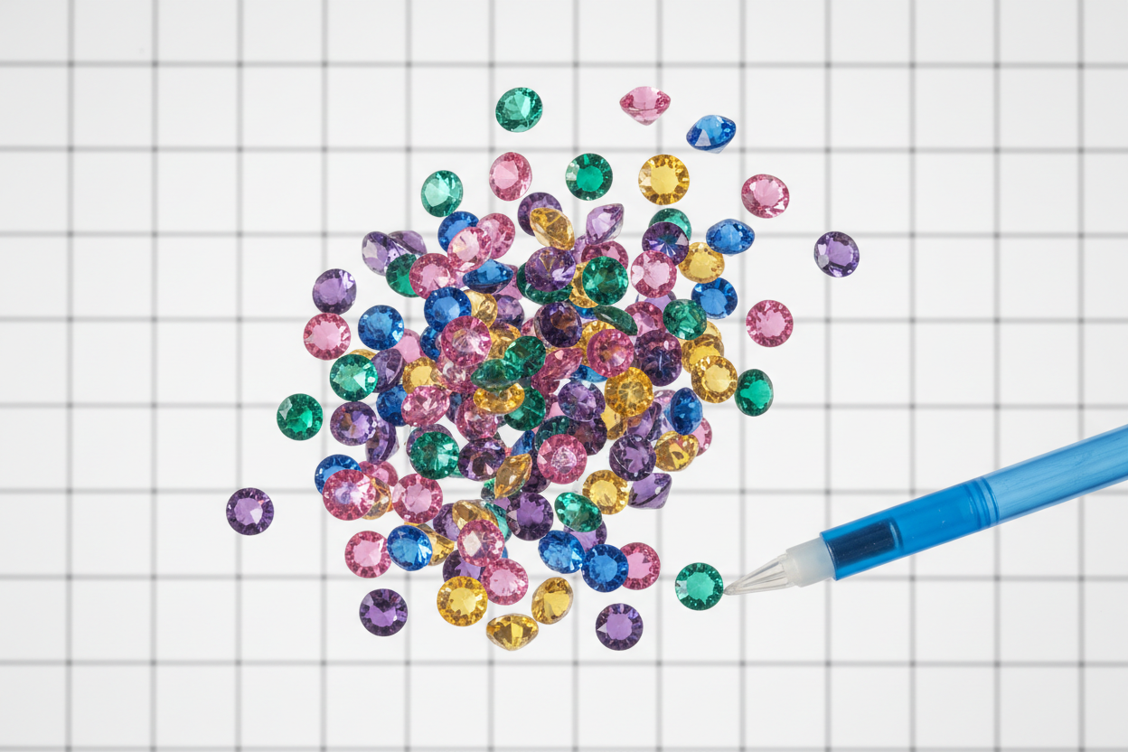 Make a close up picture of diamond art pieces floating in the air with a diamond art pen with a white squares background 